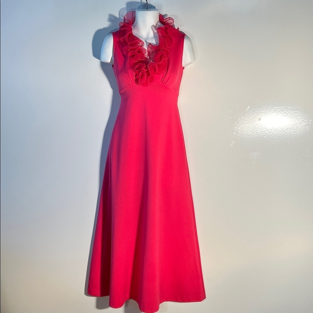 Hot Pink SZ S Sleeveless Ruffle V-Neck Maxi Dress Formal Prom Chic Formal Dressy